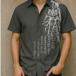 VTG Raw Blue Button Up Shirt Graphic Print Short Sleeve‎ Casual Top Mens Size M